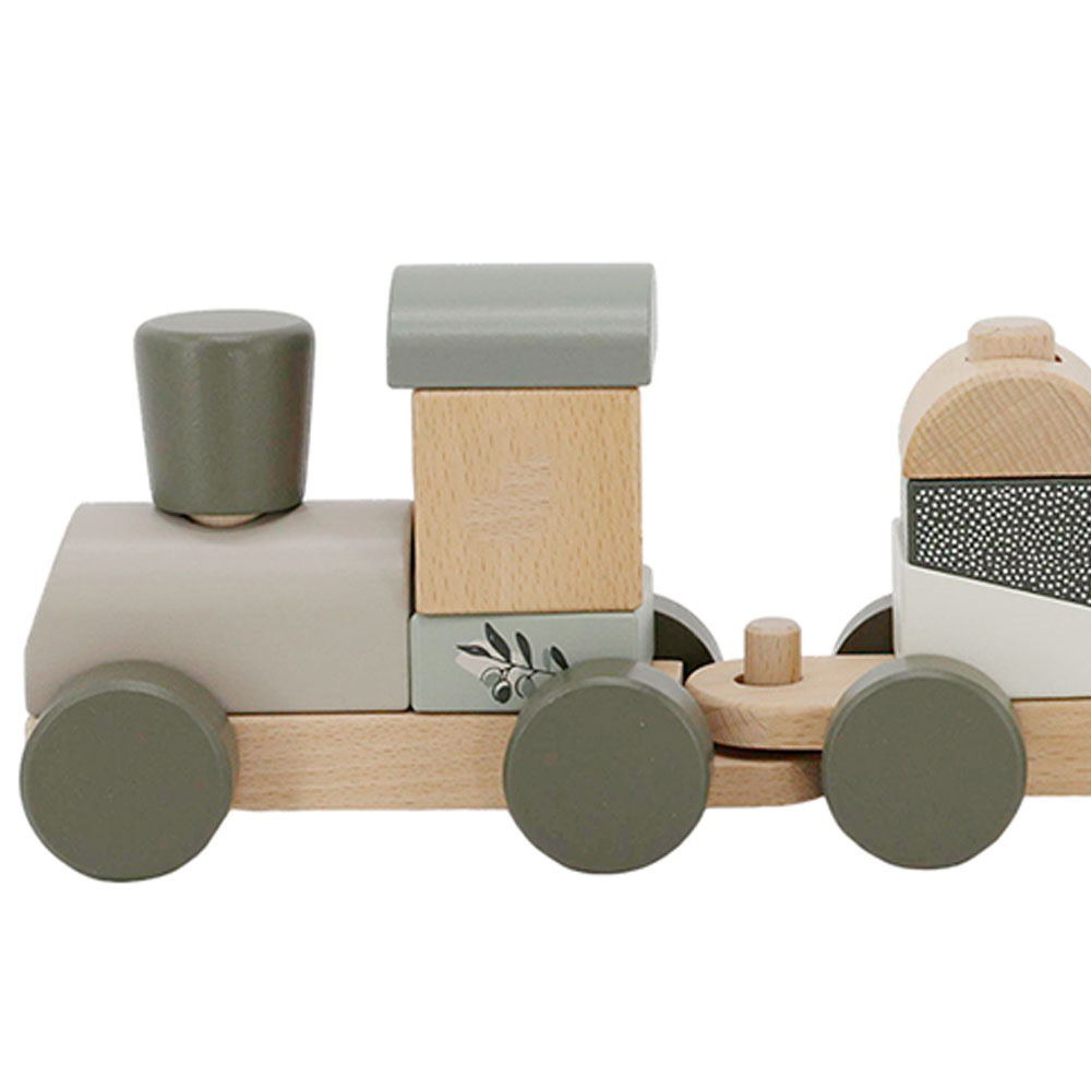 Train Empilable En Bois Personnalisable Pour Bébé - 3 Wagons, Formes à Empiler, Couleur Vert Olive, Peut être Gravé D'un Nom